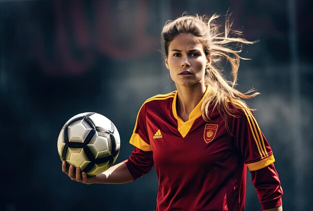 Foto giocatore di calcio femminile con palla gialla nello stile di complesso emotivo