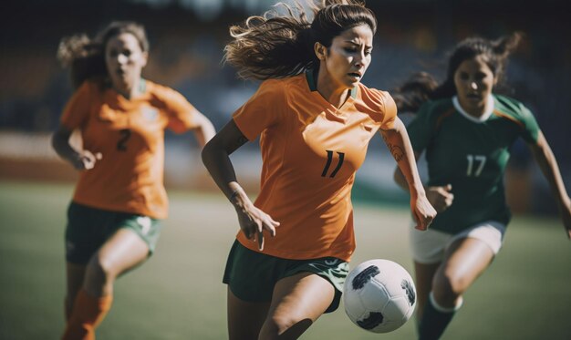 サッカーの試合に向けて活動する女子サッカー選手