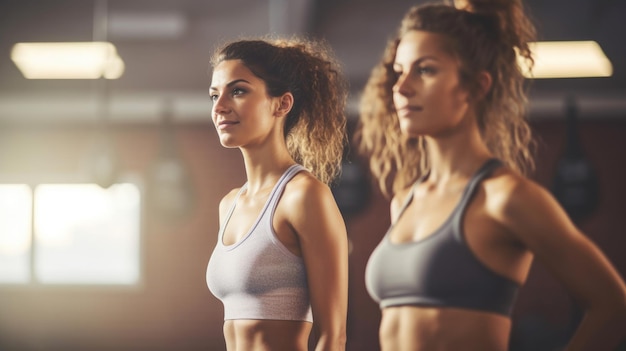 Women sportswear standing together at fitness studio Females exercising at health club