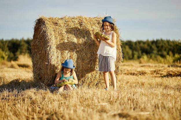 Women standing on hay bales on field