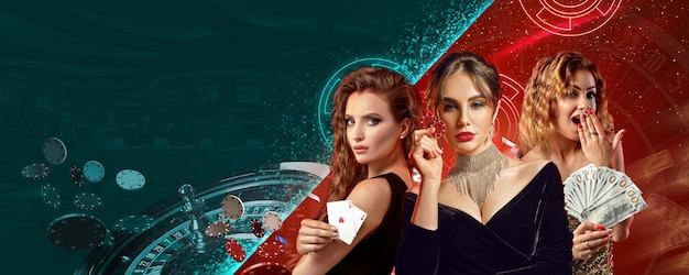 Photo women in stylish dresses showing chips money and playing cards they posing on colorful background wi...