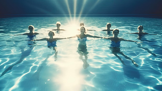 스타일리시한 수영복을 입은 여성들이 동기화된 수영 실력을 보여주기 위해 함께 모여 완벽한 조율로 완벽하게 조화롭게 움직입니다.