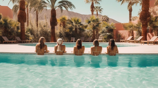 Женщины в стильных купальниках отдыхают у бассейна, наслаждаясь теплым солнцем и прохладной водой в своих шикарных купальницах и элегантных прикрытиях, сгенерированных ИИ.