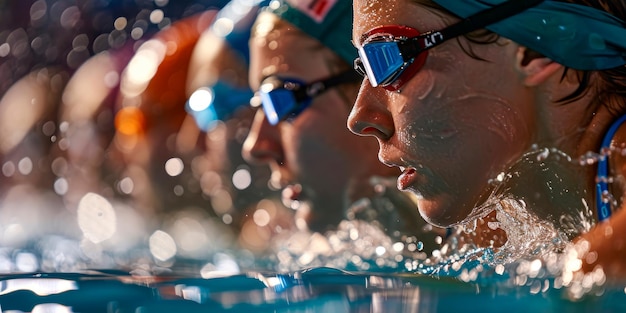 Foto la squadra femminile di nuoto al bordo della piscina pronta per una gara