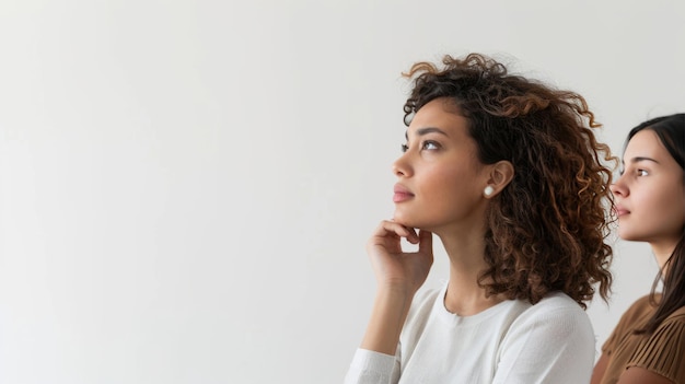 Photo women thinking and decisioning in front of a white wall