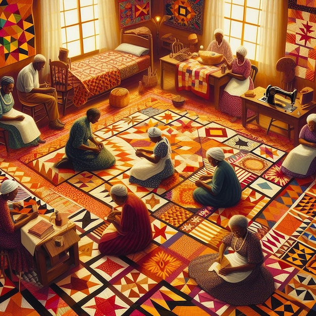 Women in traditional attire crafting a quilt with vibrant patterns