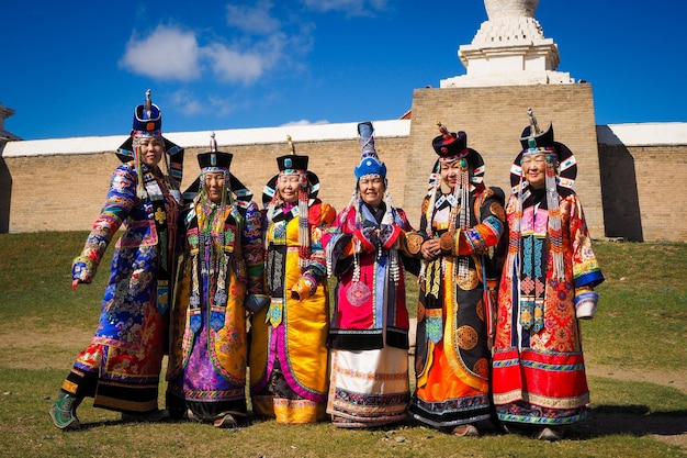 Women in traditional clothes in front of Erdene Zuu monastery near Kharkhorin in Mongolia