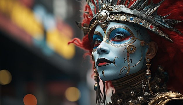 Женщины в традиционной одежде отмечают культурный фестиваль с декоративными масками, созданными искусственным интеллектом.