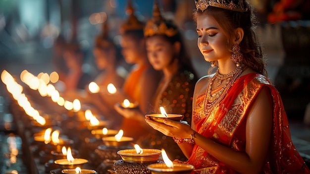 Women in traditional dress light candles during the Vesak festival to commemorate the birth enlightenment and death of Buddha Copy space