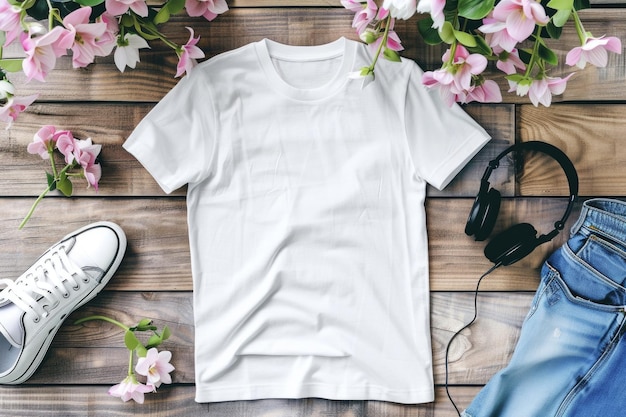 Women Tshirt Mockup with Flowers and Jeans on Wooden Background Cotton T shirt Template for Print