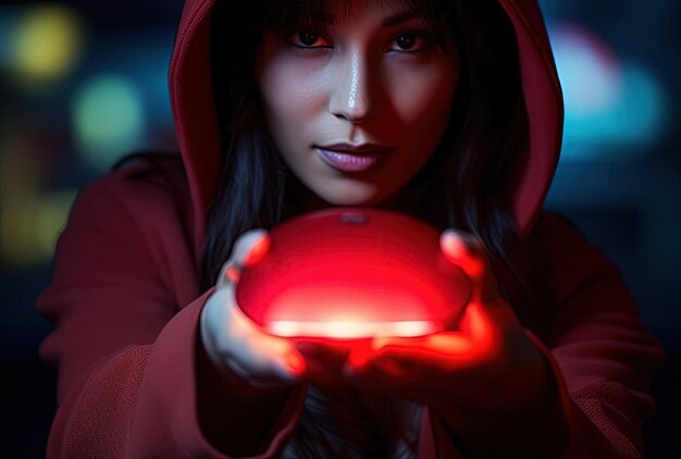 Photo women using a red wireless mouse for protection in the style of anamorphic lens flare
