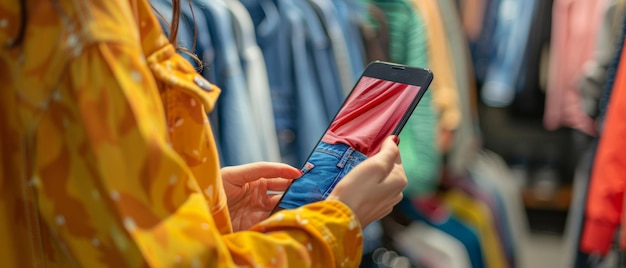 Foto donne che usano uno smartphone con l'interfaccia di un negozio di moda online per controllare i prezzi di un articolo di marca elegante closeup sopra la spalla