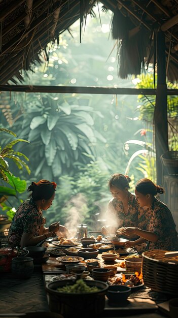 Photo women in the village sharing meals