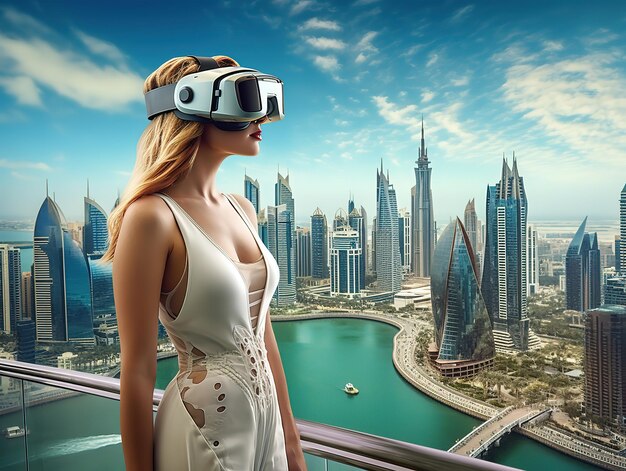 Women in virtual reality world dubai skyline and sea uae online travel ai generated