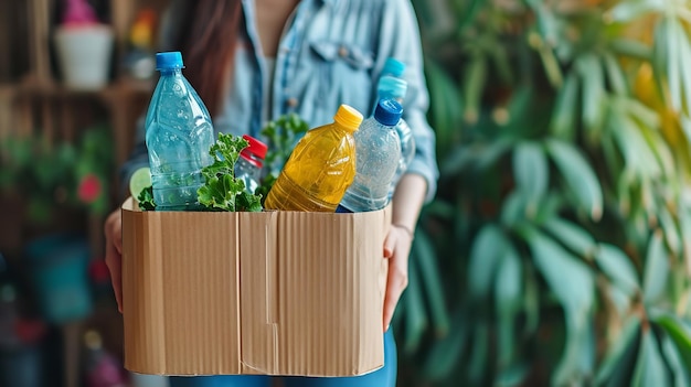 プラスチック製の水瓶を集める女性ボランティアテキストのコピースペースが大きい 生成AI