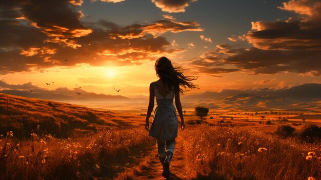 A women walking on an empty road among a beautiful field with sunset in the sky