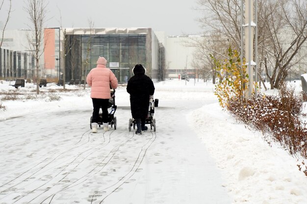 Women walking with strollers in a winter park