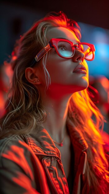 Women wearing 3d glasses A woman in red glasses looks up with wonder as she contemplates the vastness of the sky