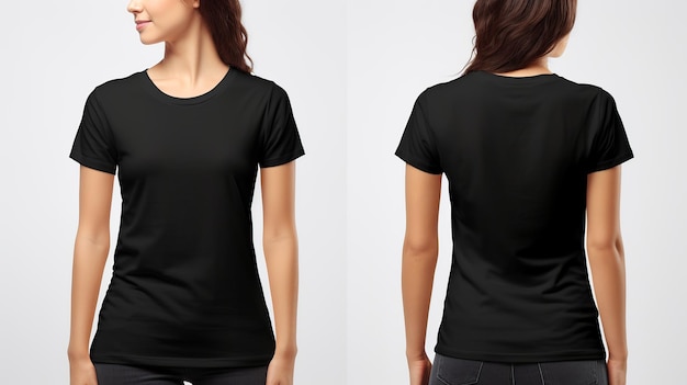 Photo women wearing a black tshirt front and back view mockup isolated on white background