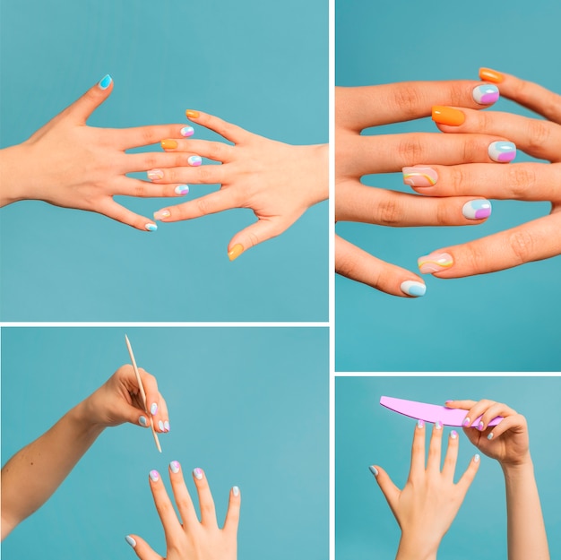 Foto donne che indossano coloratissimi collage di manicure