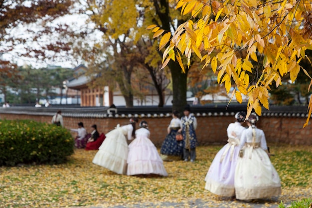 Women wearing evening gowns at public park during autumn