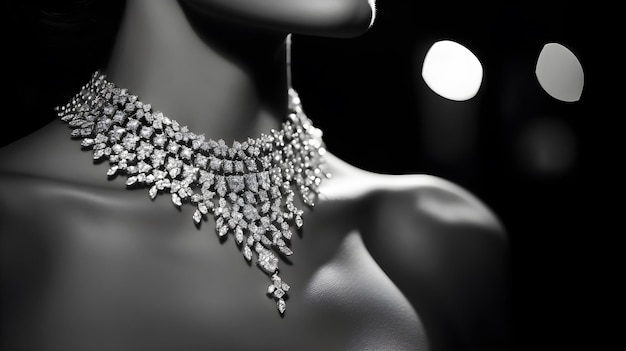 Women wearing fashion diamond neckless with different color on black background