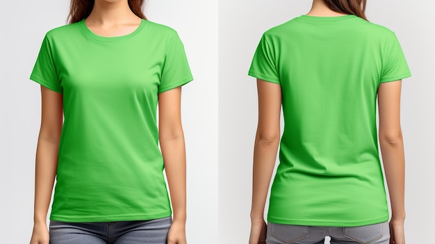 흰색에 고립 된 녹색 Tshirt 전면 및 후면보기 이랑을 입고 여성
