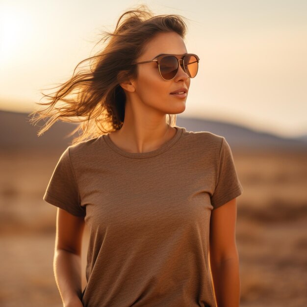 A women wearing a high quality stonewashed grainy texture heather brown t shirt with sunglasses