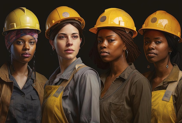 women wearing industrial work hats in the style of pop colorism