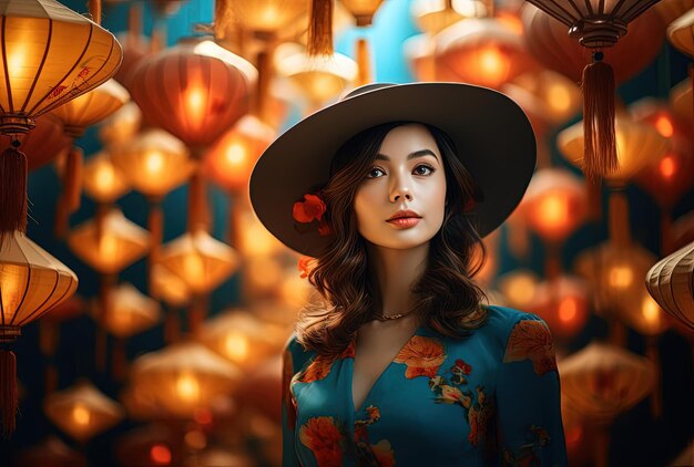 Foto donne che indossano cappelli tradizionali davanti a lanterne colorate nello stile vietnamita