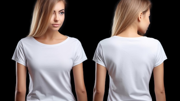 Women wearing a white Tshirt Front and back view mockup isolated on black background