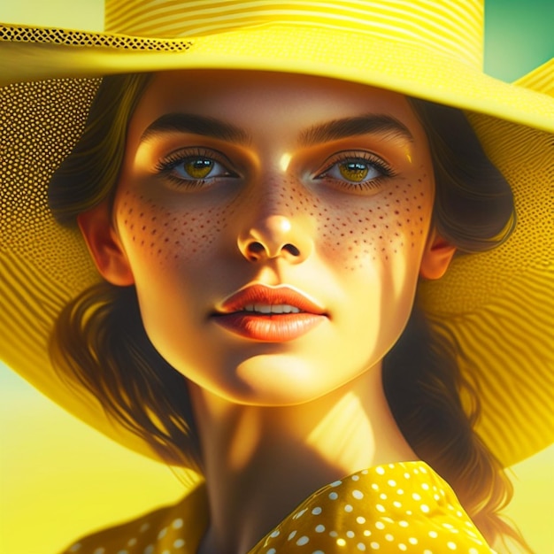 Women wearing yellow hat with yellow dotted dress on summer background