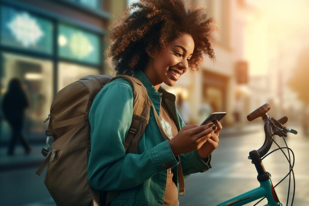 Women with a backpack on bicycle catching a text on her cell phone in the style of hip hop