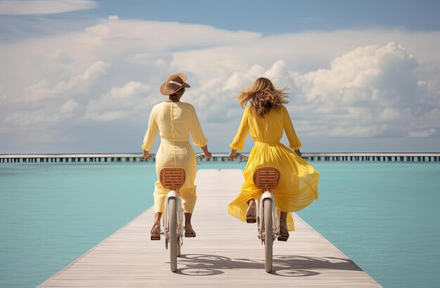 women with bicycles in the maldives in the style of light yellow and amber