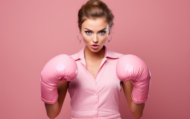 Photo women with boxing gloves in pink dress cancer fight