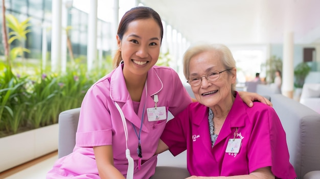 Photo women with breast cancer prevention and show thumb up on the pink background