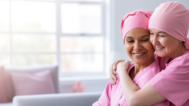 Foto donne con prevenzione del cancro al seno e mostrano il pollice in alto sullo sfondo rosa