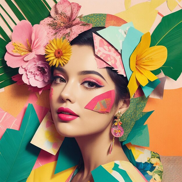 Women with cheerful makeup collage with floral and tropical vibe