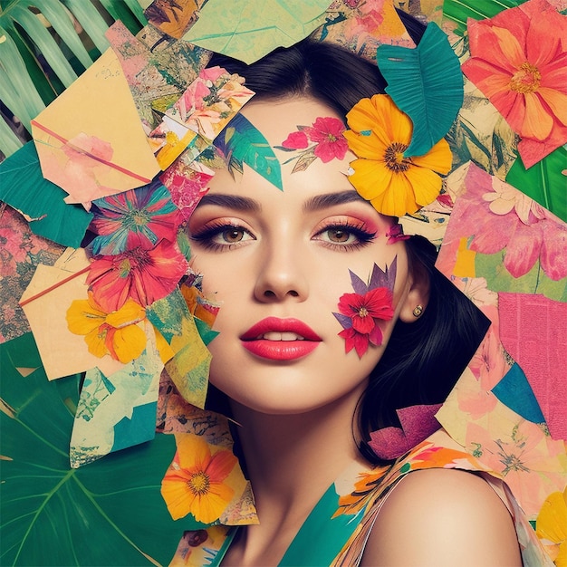 Women with cheerful makeup collage with floral and tropical vibe