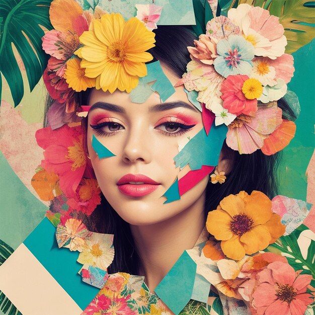 Women with cheerful makeup collage with floral and tropical vibe