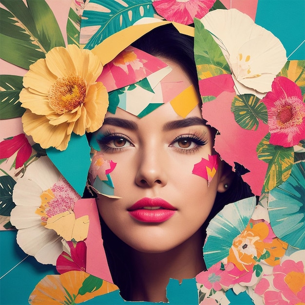 Women with cheerful makeup collage with floral and tropical vibe