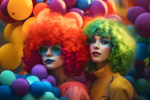 LGBT パレードプライド月間で風船に囲まれた髪を染めた女性たち Generative AI 4