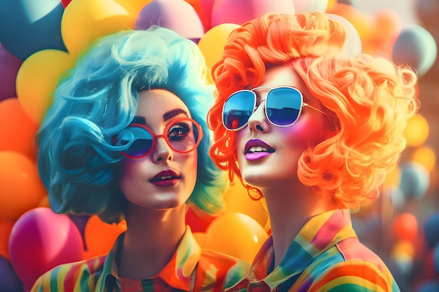 Women with colored hair among balloons at the LGBT parade pride month Generative AI 6