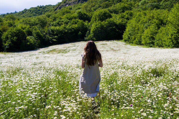 日光の下でデイジーの花のフィールドでドレスを着た女性