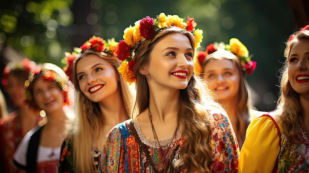 頭に花を飾り、カラフルなヘッドバンドを着けて微笑む女性たち。