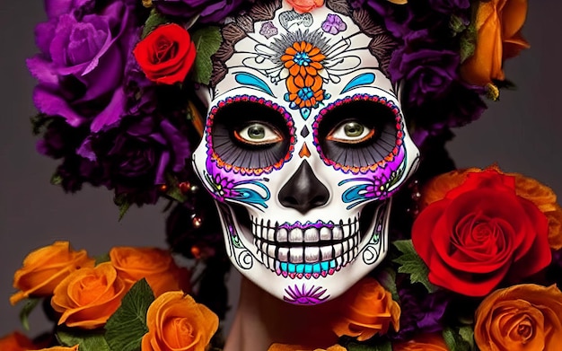 Women with makeup face tattoos halloween for the celebration of\
mexican festival day of the dead dia de los