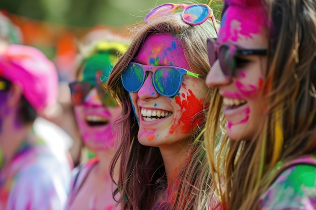 Women with painted faces and sunglasses enjoying the Holi festival