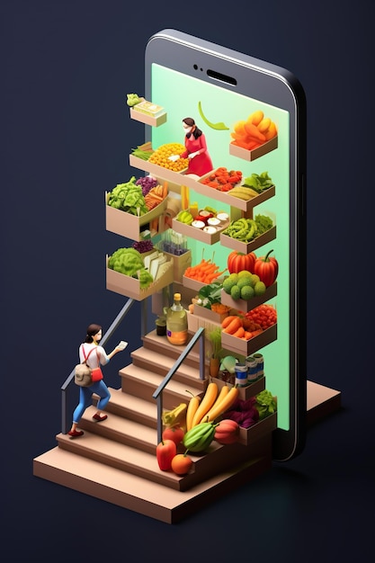 ショッピングバスケットに野菜を積んだ女性彼女の後ろの階段には大きな電話があり電話の画面はスーパーマーケットの棚を満たしている