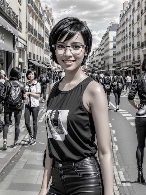 women with short hair in black and white with glasses street in the background paris