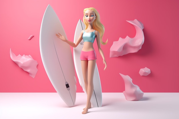 Women with surfboard 3d illustration